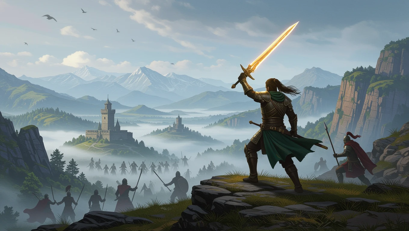 Ein Krieger mit einem leuchtenden Schwert steht auf einem Felsen und blickt auf eine Burg.