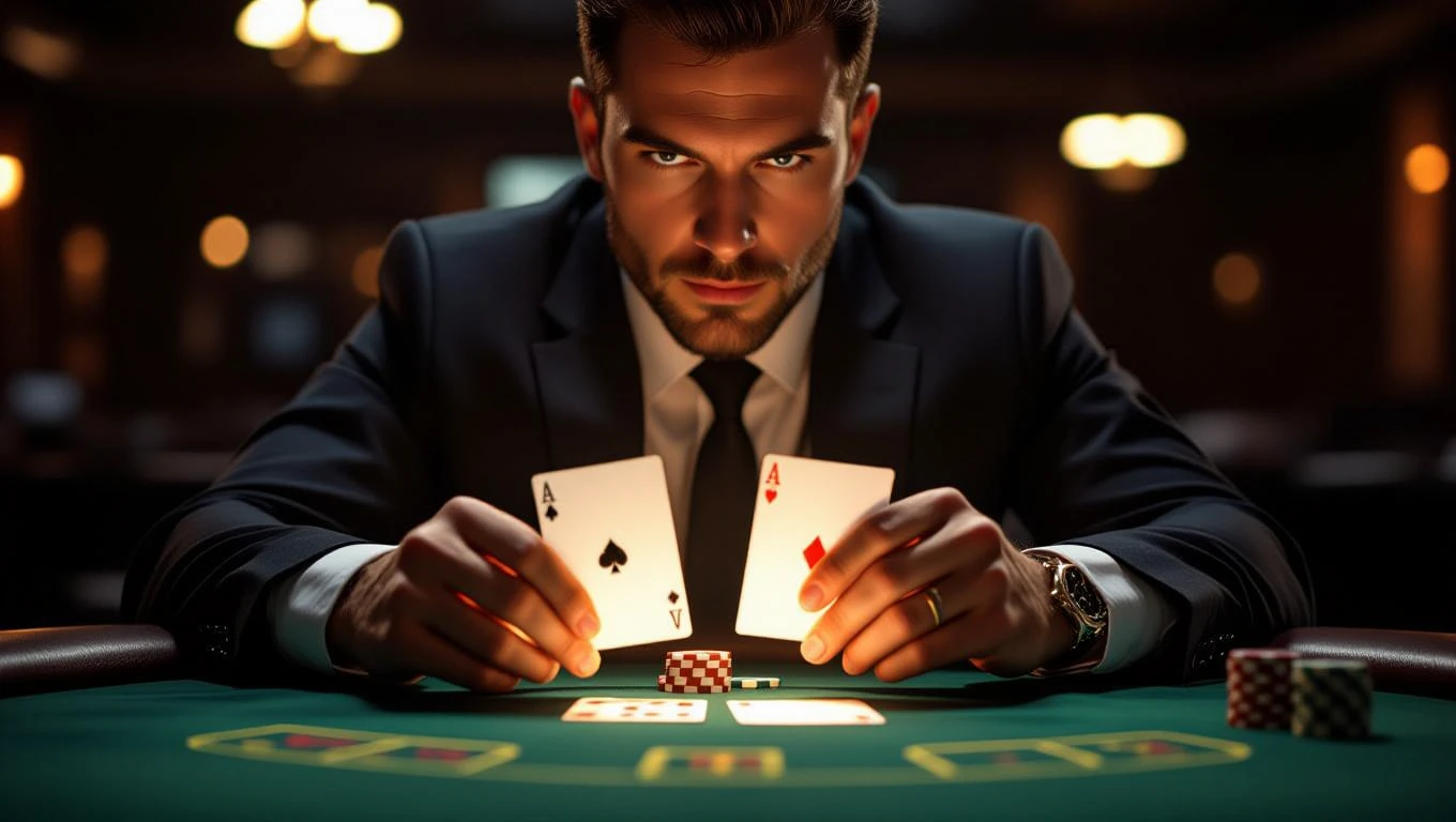 Ein Mann in einem Anzug hält zwei Spielkarten, während er konzentriert am Tisch sitzt.