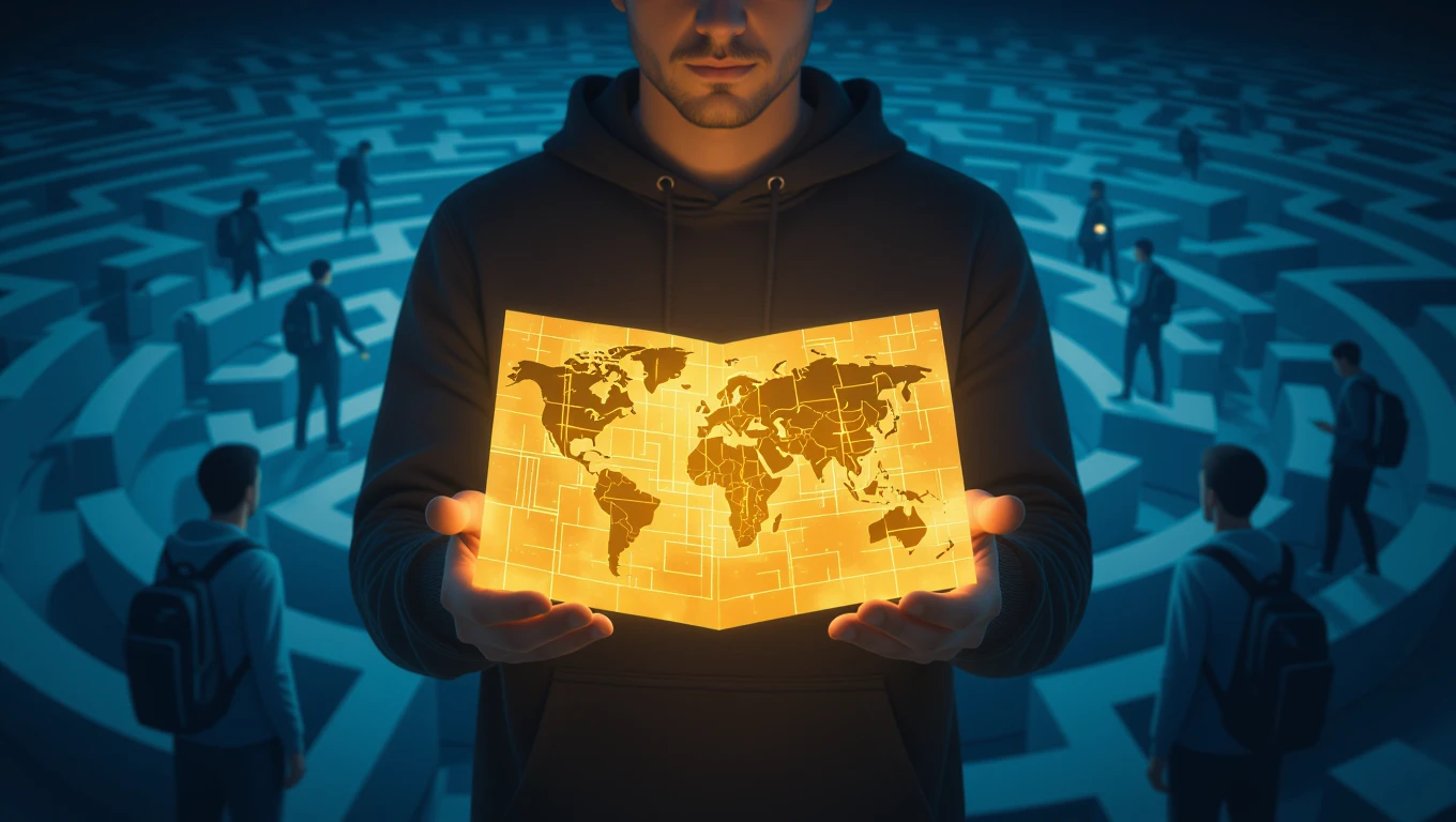 Ein Mann hält eine leuchtende Weltkarte in einem Labyrinth voller Menschen.