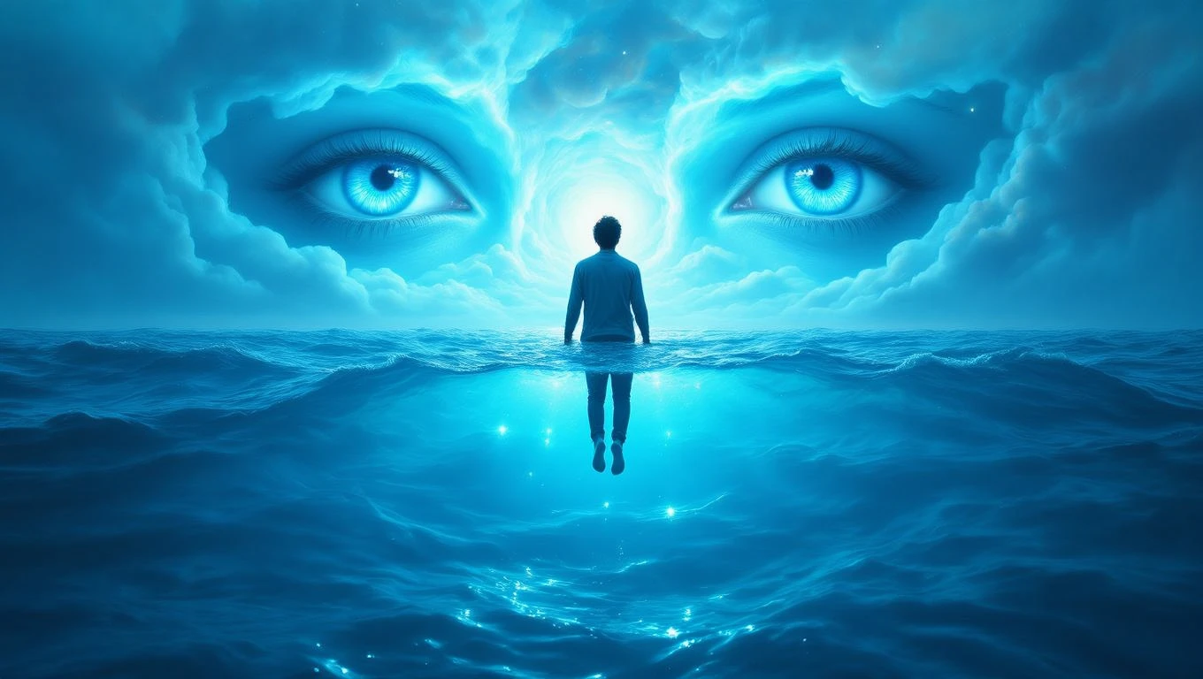 Ein Mensch steht im Wasser, umgeben von Wellen und Augen im Himmel.