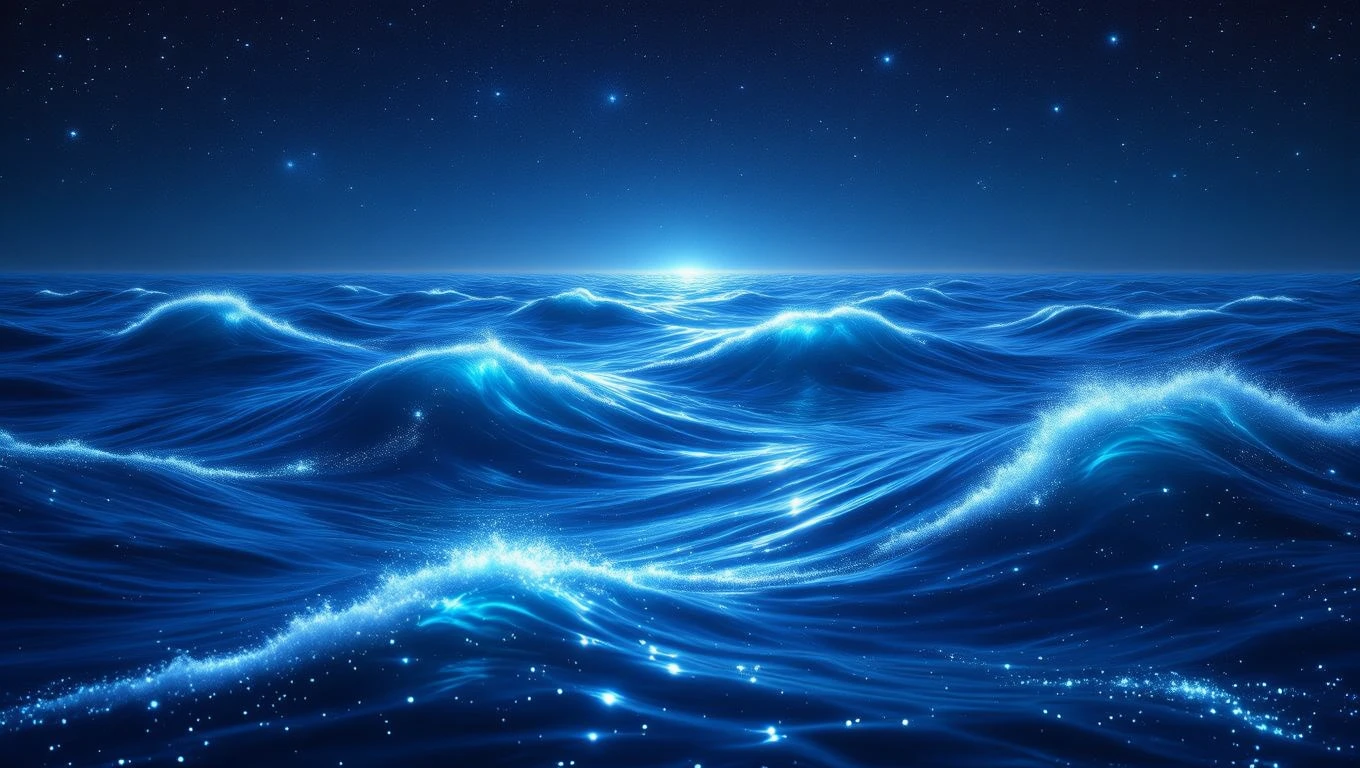 Ein ruhiger Ozean mit sanften Wellen unter einem sternenklaren Himmel.