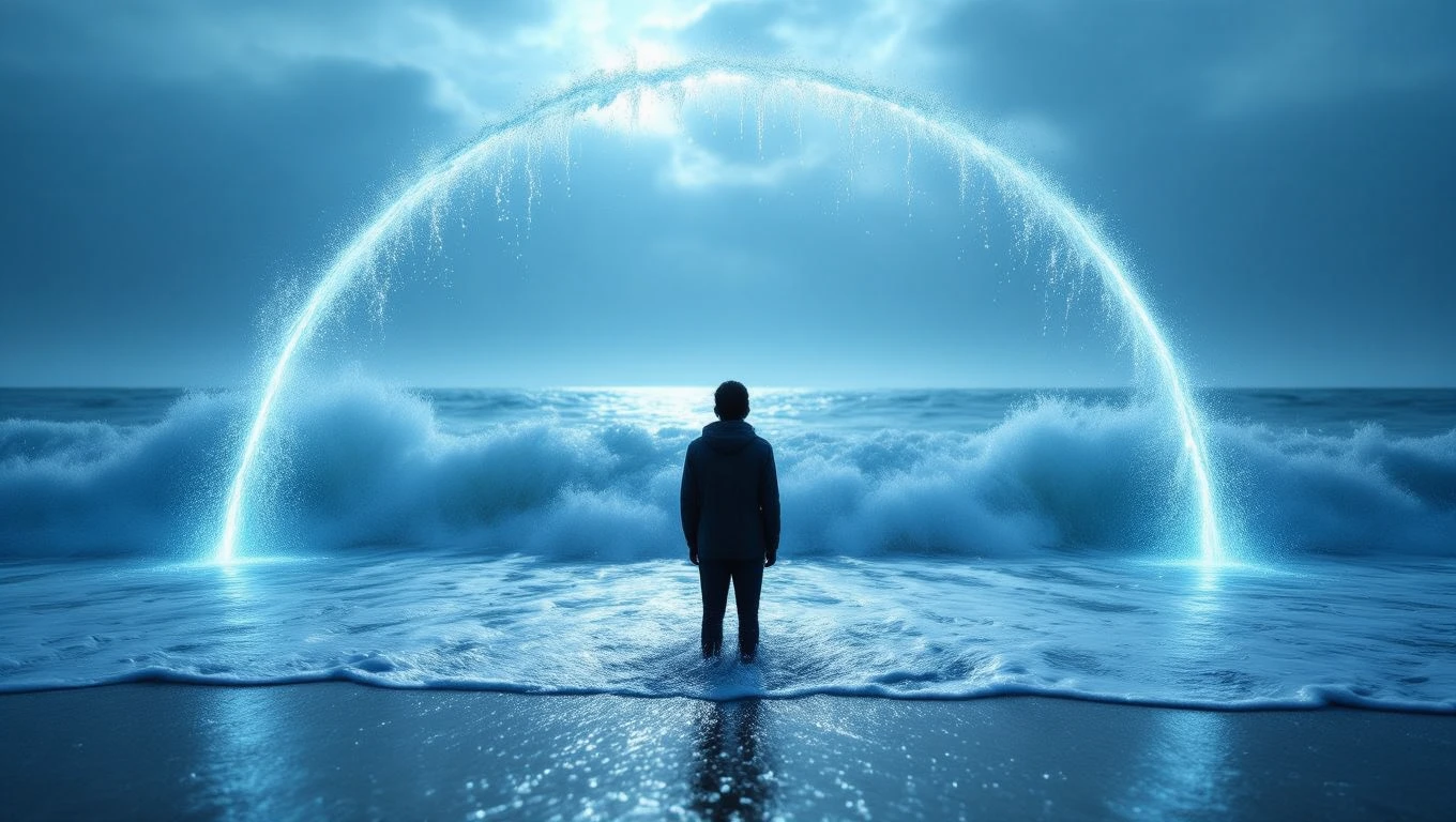 Eine Person steht am Strand und beobachtet hohe Wellen im Ozean.