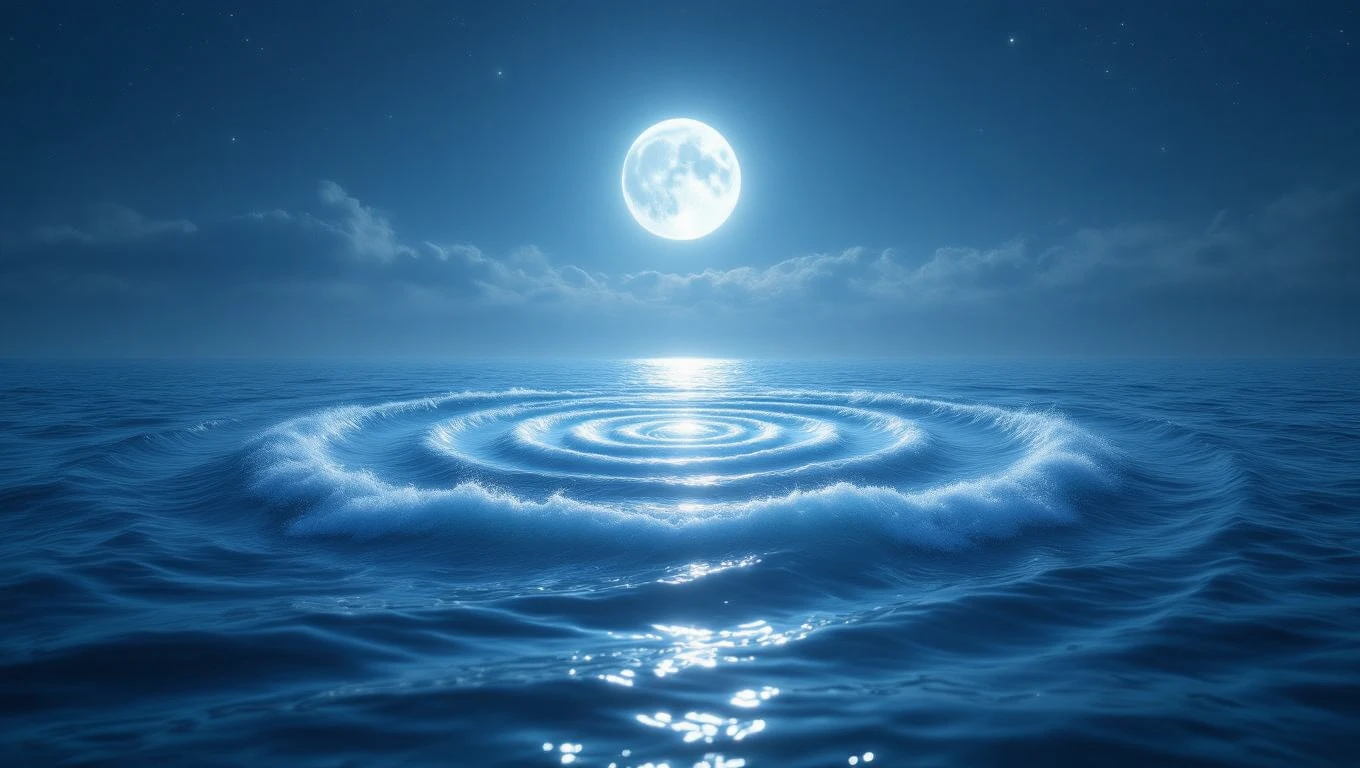 Ein ruhiger Ozean mit sanften Wellen und einem strahlenden Vollmond.