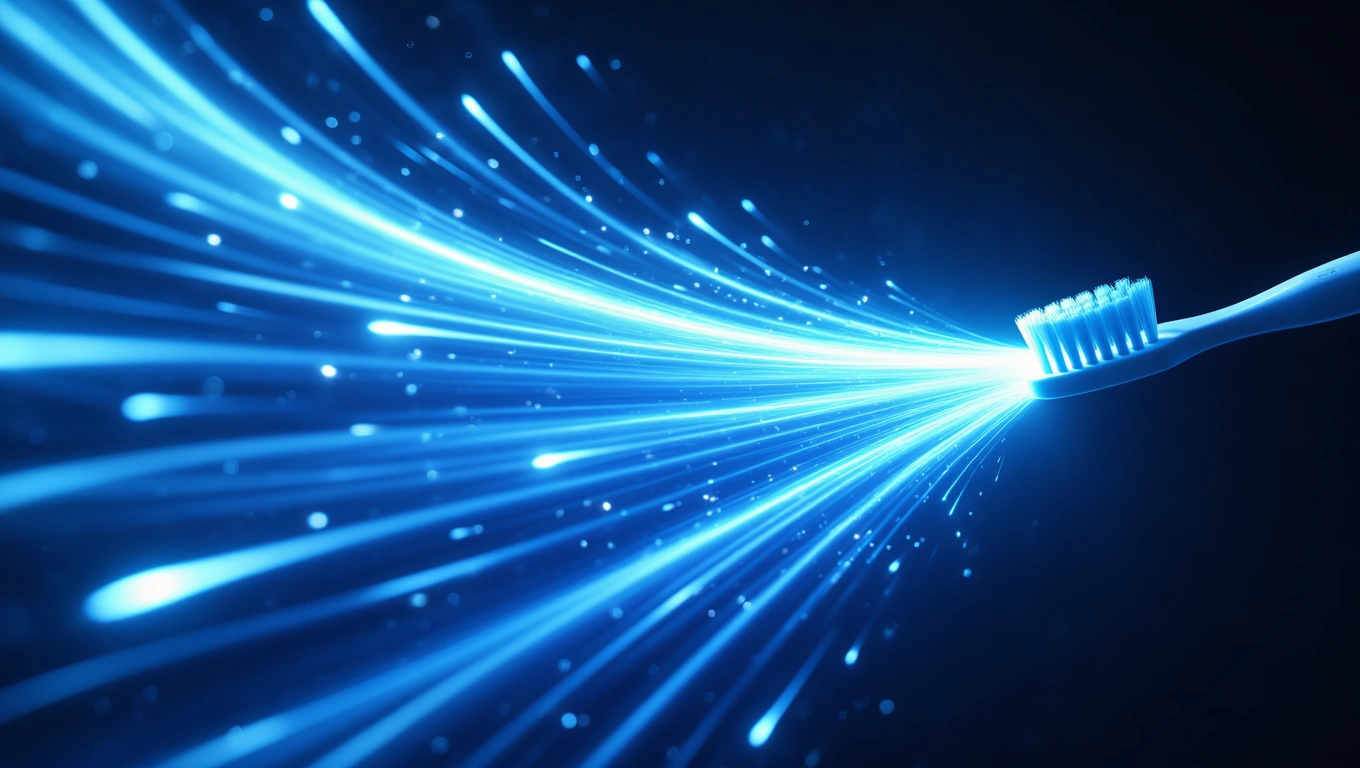 Eine Zahnbürste mit leuchtenden, blauen Lichtstrahlen im Hintergrund.
