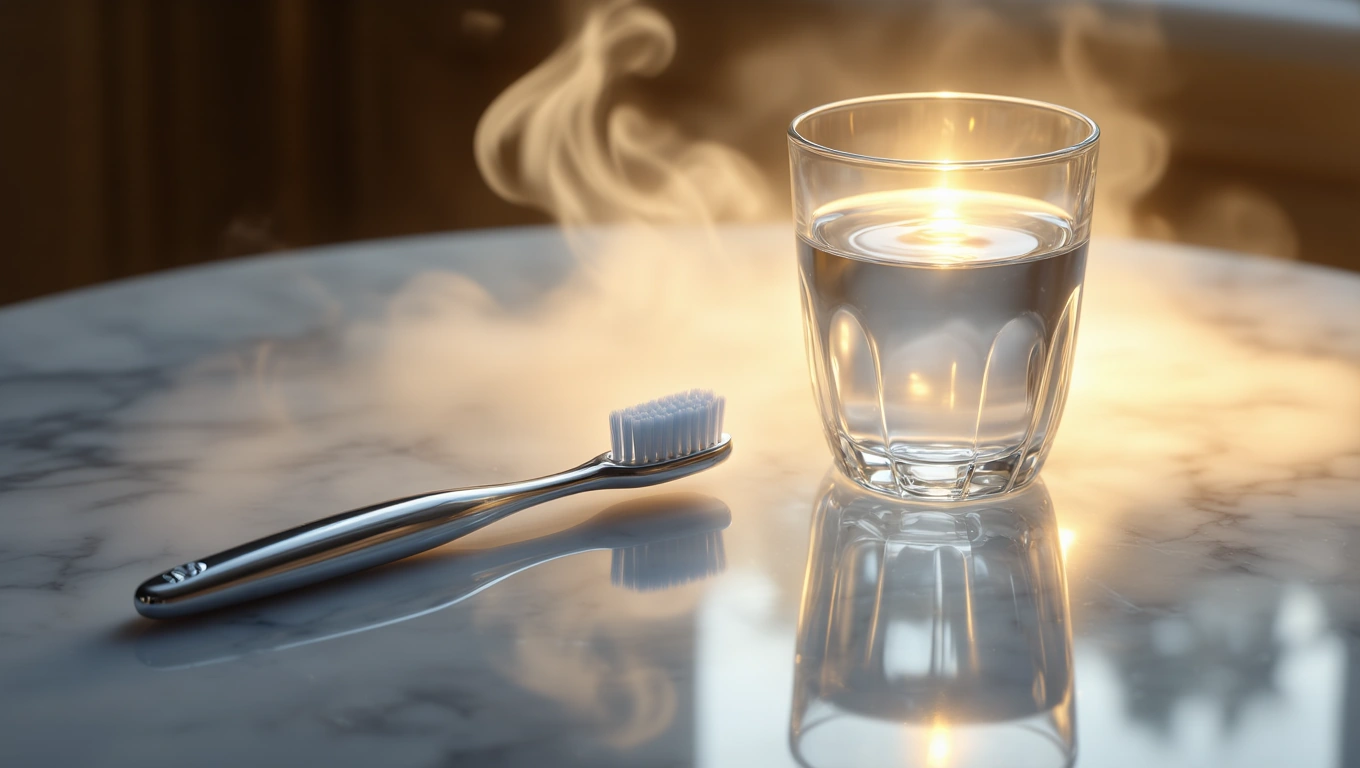 Eine Zahnbürste liegt neben einem Glas Wasser auf einem Tisch.