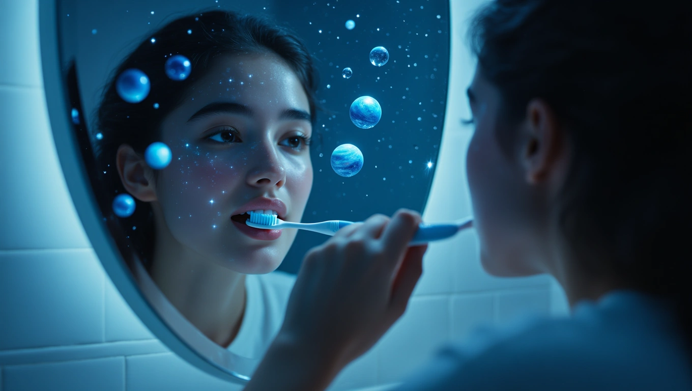 Eine junge Frau putzt ihre Zähne vor einem Spiegel mit galaktischem Hintergrund.