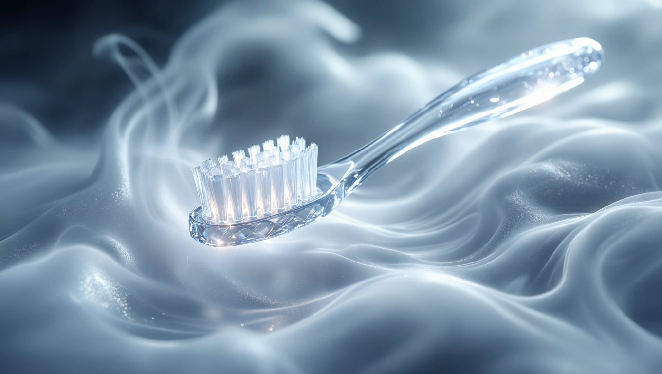 Eine Zahnbürste schwebt in einem nebligen, traumhaften Umfeld.