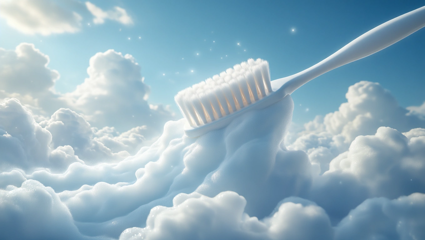 Eine Zahnbürste schwebt über einer Wolkenlandschaft im Himmel.