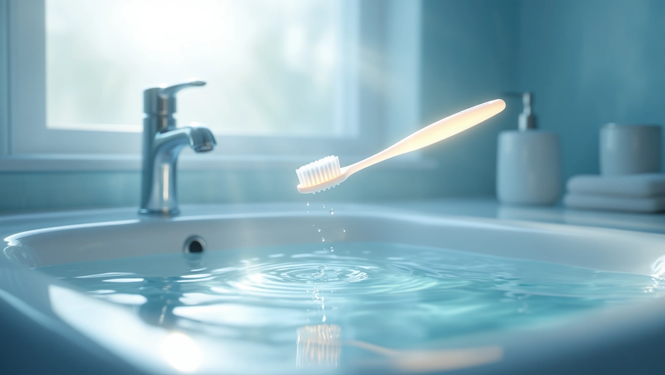 Eine Zahnbürste schwebt über einer Wasseroberfläche in einem Badezimmer.