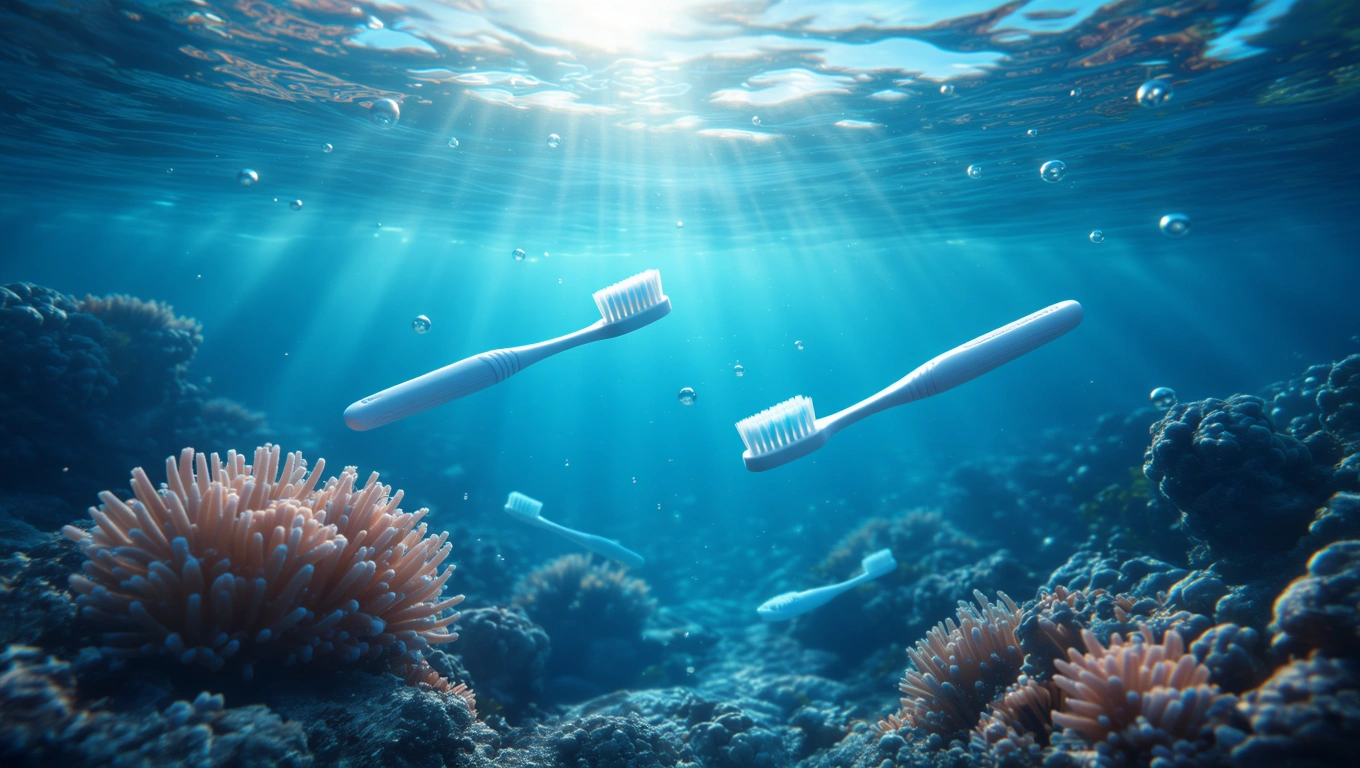 Zahnbürsten schwimmen im klaren Wasser über Korallenriff.