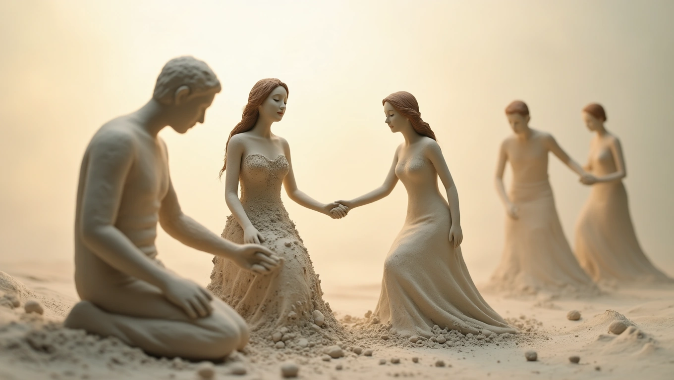 Skulpturen von Menschen in einer surrealen Landschaft, die emotionale Verbindungen darstellen.