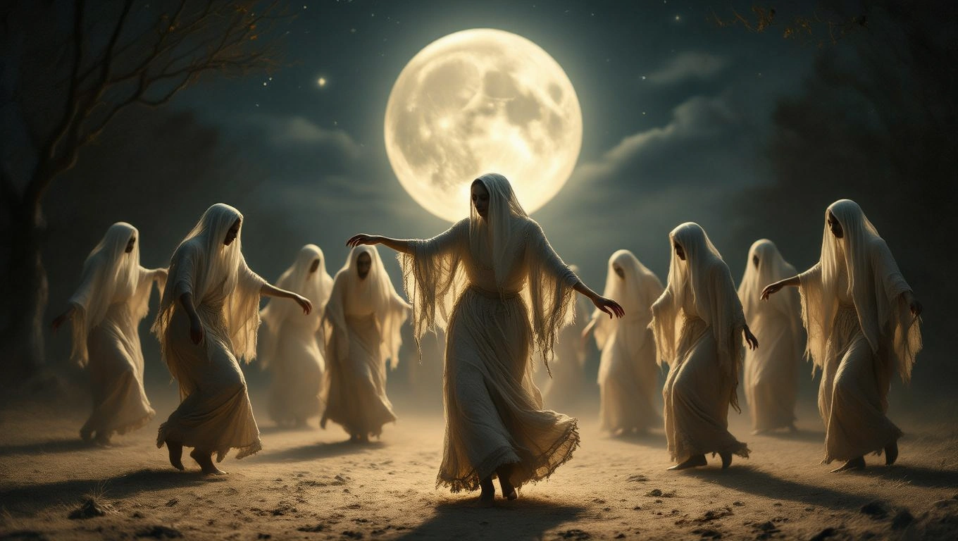 Eine Gruppe von gespenstischen Figuren in weißen Gewändern tanzt unter einem vollen Mond.