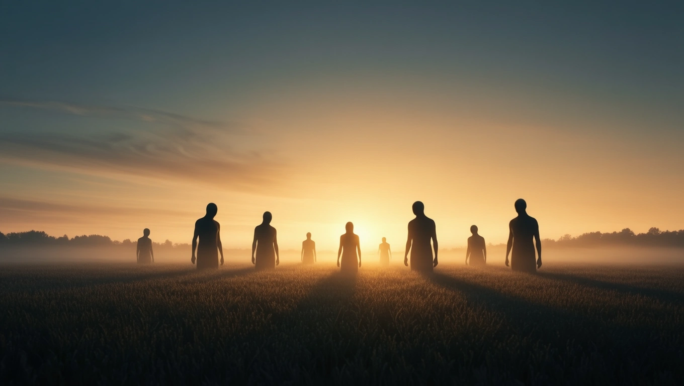 Silhouetten von humanoiden Figuren stehen in einem nebligen Feld bei Sonnenaufgang.