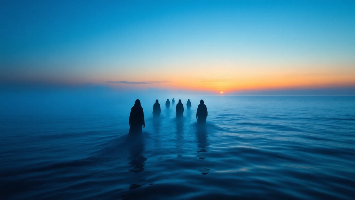Silhouetten von Menschen, die durch nebliges Wasser gehen, bei Sonnenuntergang.