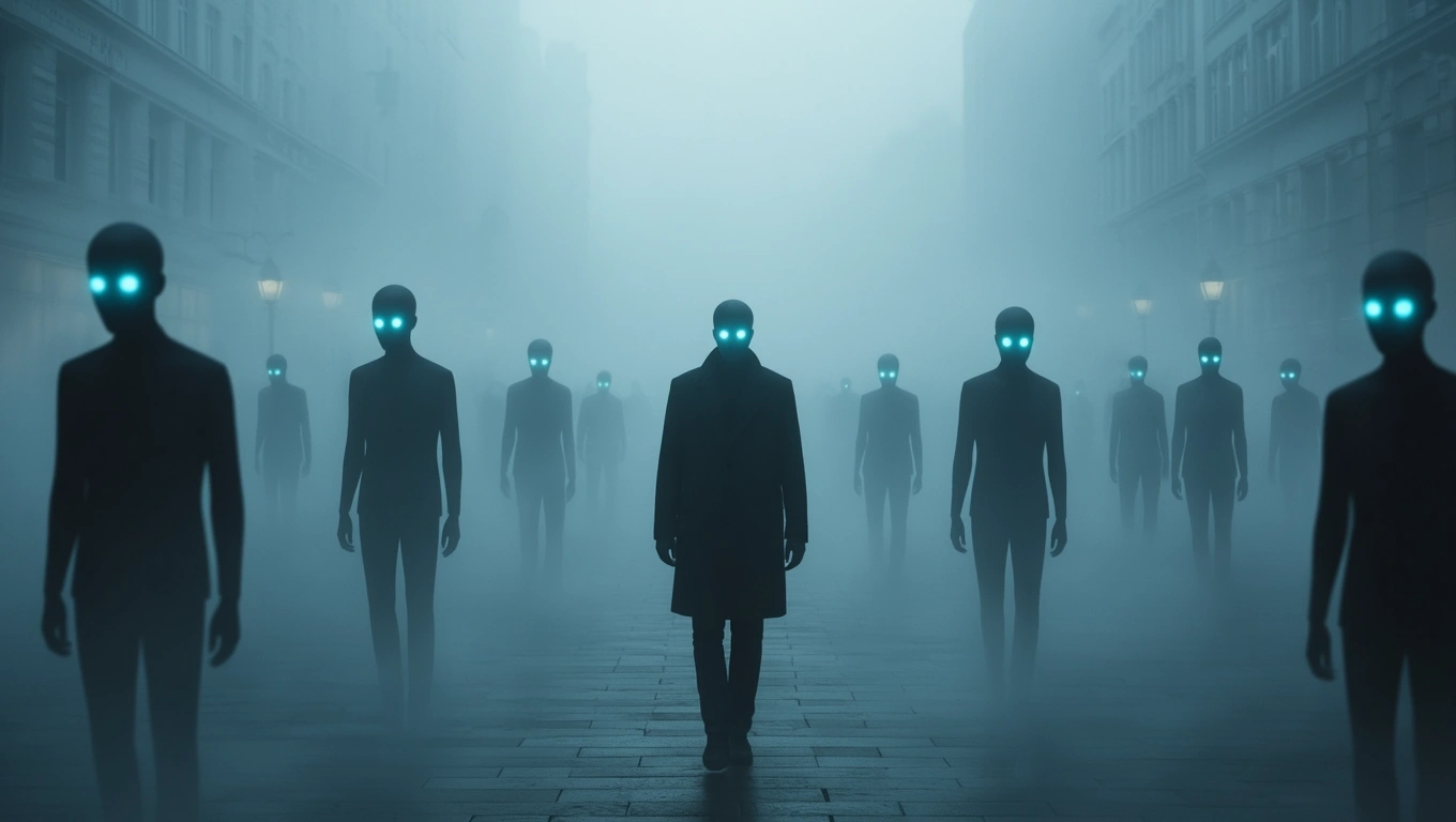 Eine neblige Straße mit gesichtslosen Figuren, die leuchtende Augen haben.