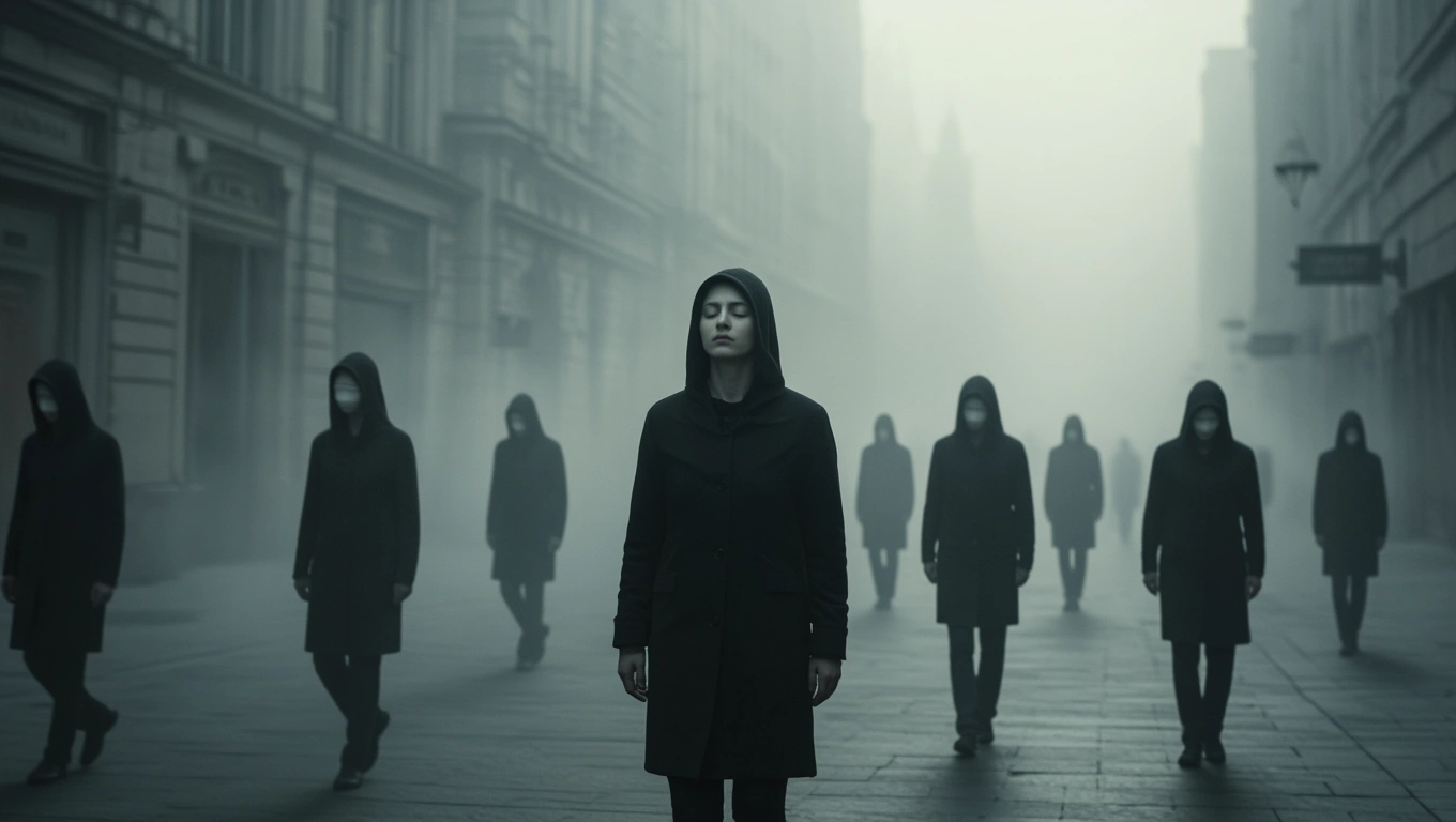 Eine mysteriöse Szene mit einer Frau und mehreren maskierten Gestalten in einer nebligen Stadt.