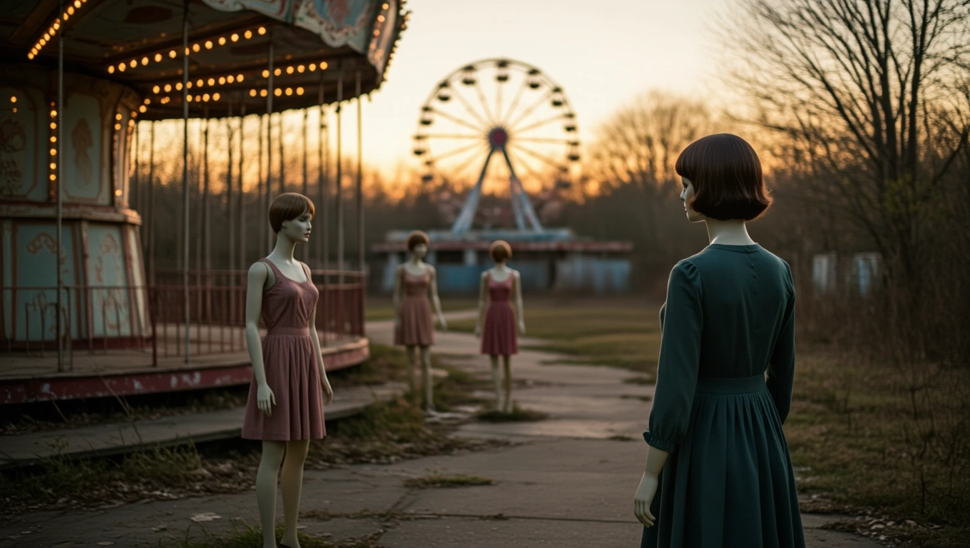 Eine verlassene Jahrmarktszene mit Schaufensterpuppen in Kleidern.
