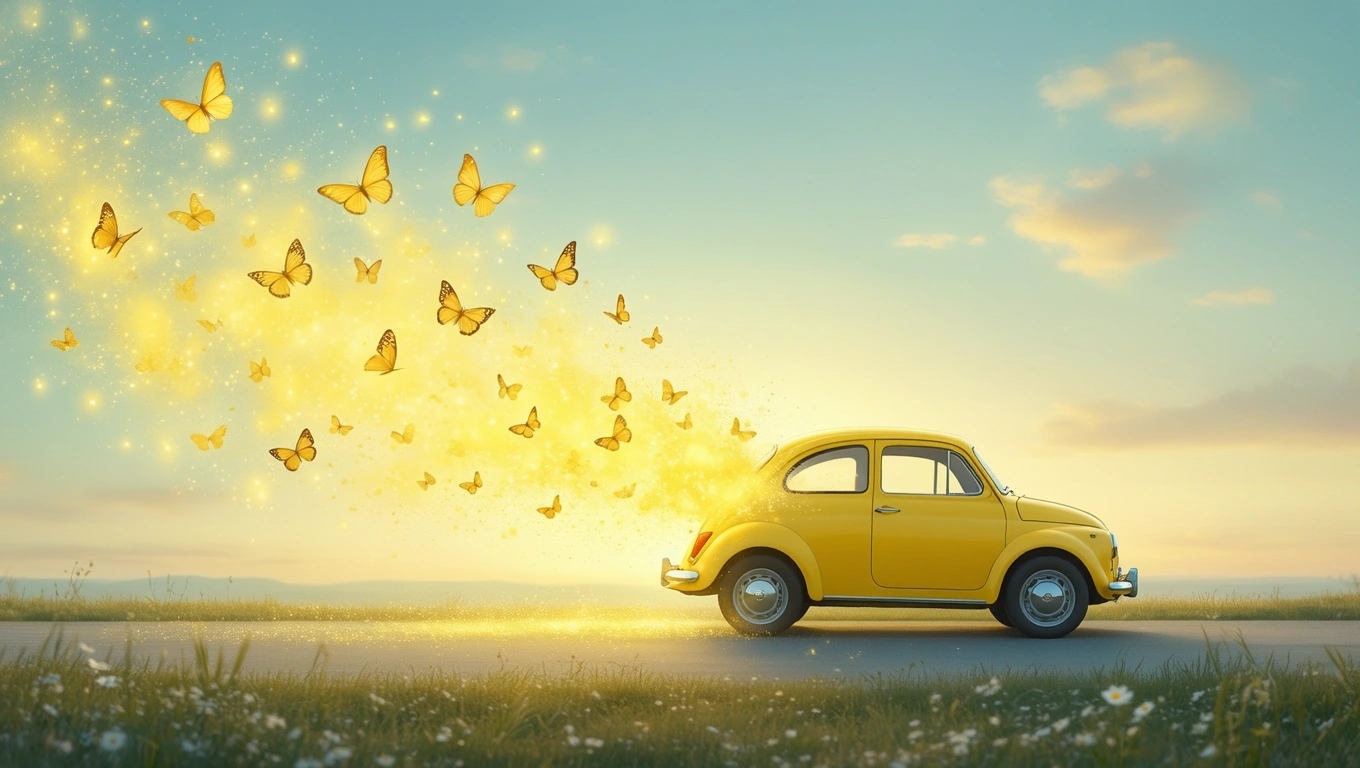 Ein gelbes Auto fährt auf einer Straße, umgeben von fliegenden Schmetterlingen.