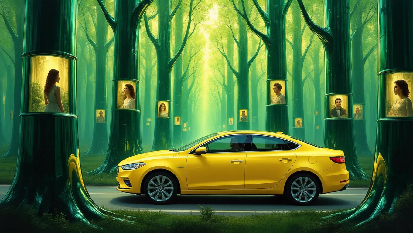 Ein gelbes Auto steht auf einer Straße zwischen grünen Bäumen mit Bildern von Menschen.