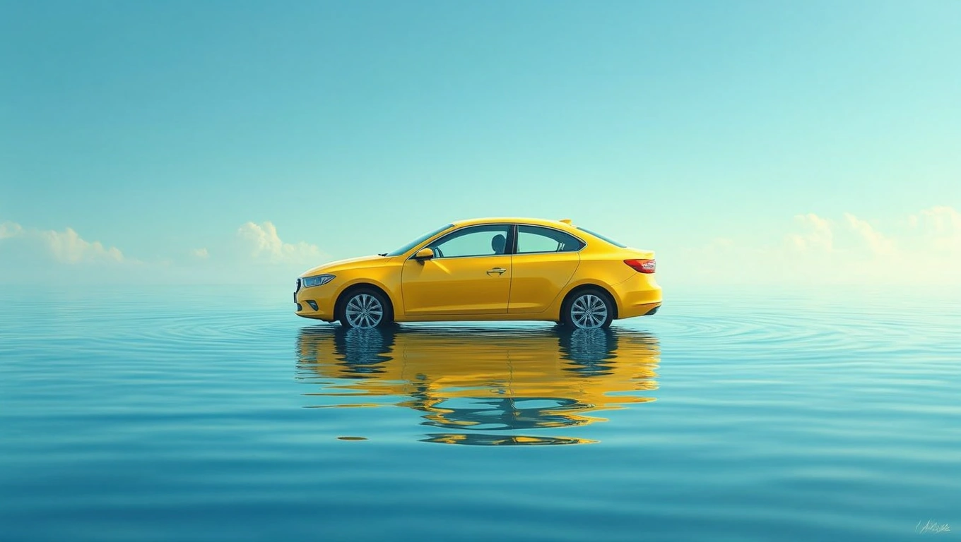 Ein gelbes Auto steht auf der ruhigen Wasseroberfläche unter blauem Himmel.