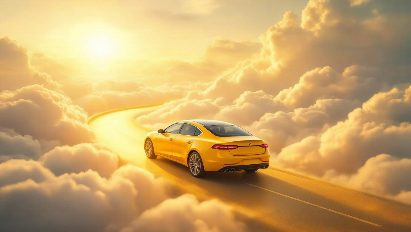 Ein gelbes Auto fährt auf einer kurvenreichen Straße durch Wolken.