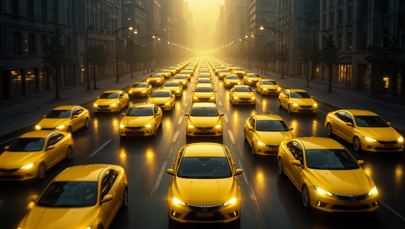 Eine Vielzahl von gelben Autos auf einer urbanen Straße bei Dämmerung.
