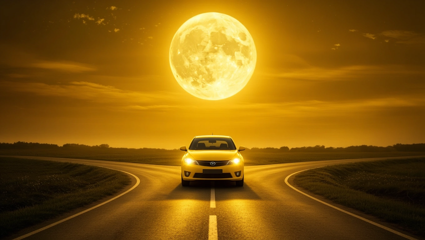 Ein gelbes Auto steht auf einer Straße unter einem großen, leuchtenden Mond.