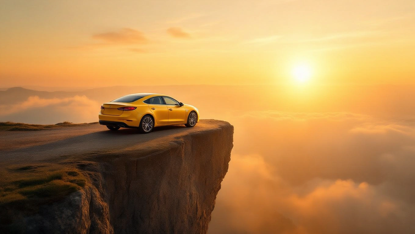 Ein gelbes Auto steht am Rand einer Klippe, umgeben von Wolken und Sonnenlicht.
