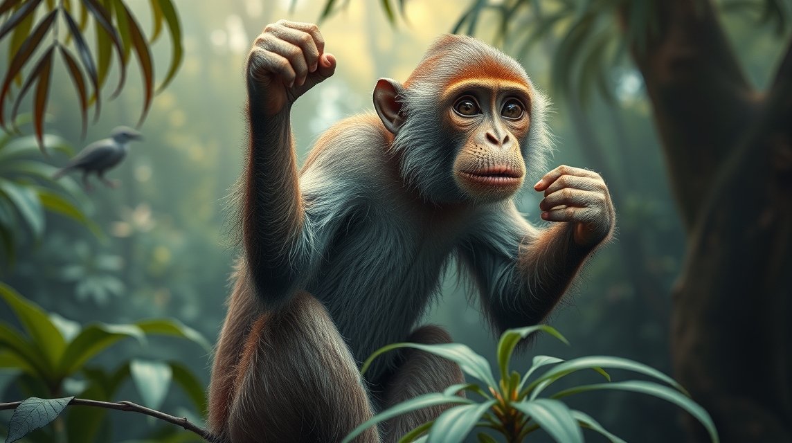 Ein neugieriger Affe sitzt in einem dichten Dschungel und beobachtet seine Umgebung.