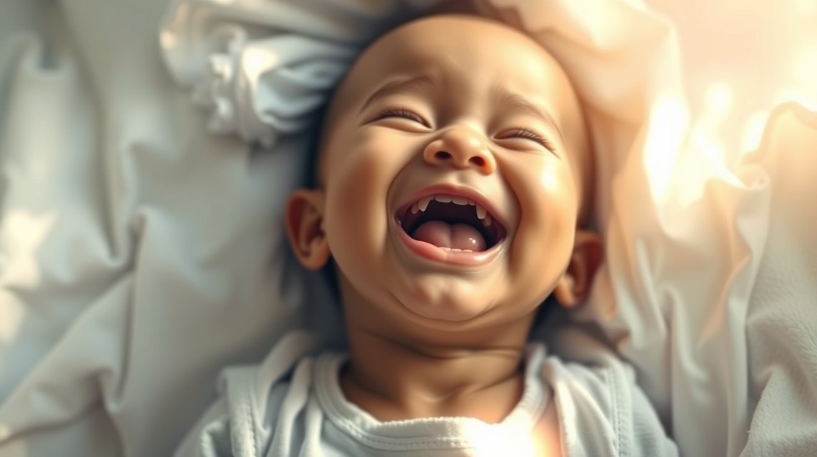 Ein lächelndes Baby liegt auf einem weißen Bettlaken und strahlt Freude aus.