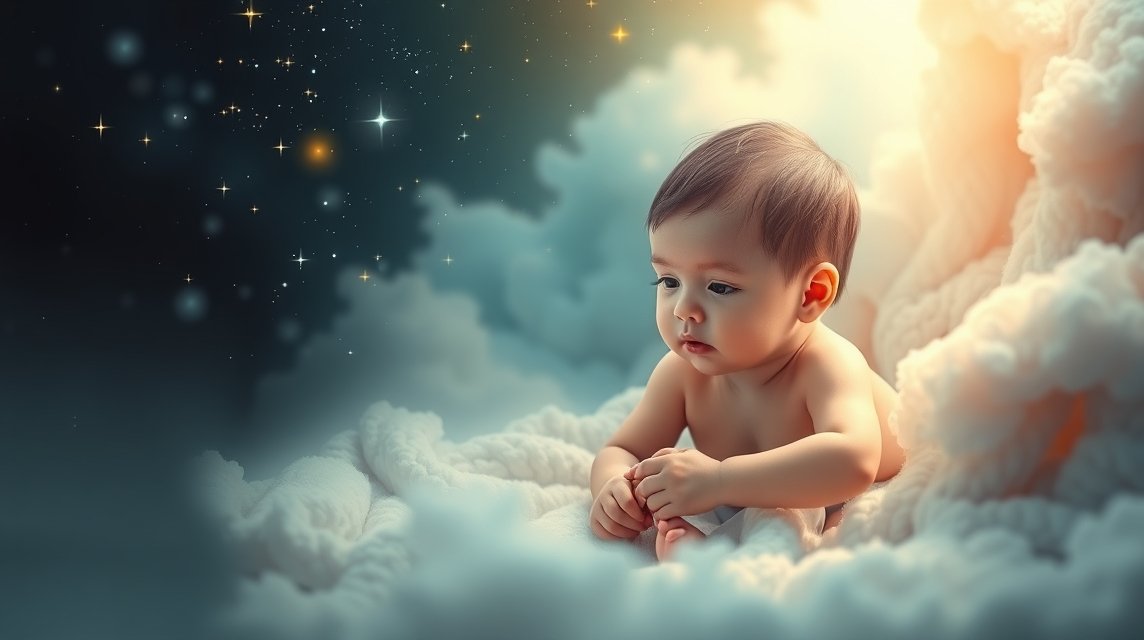 Ein neugieriges Baby sitzt auf einer Wolke und schaut in den Sternenhimmel.