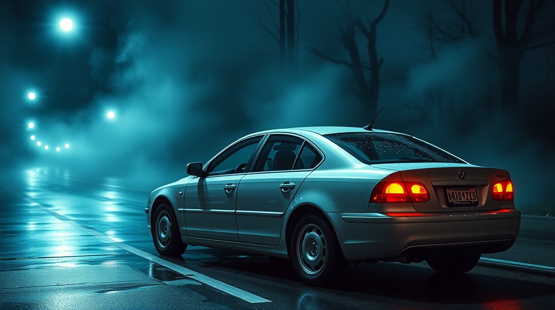 Ein silbernes Auto steht auf einer regennassen Straße in der Nacht, umgeben von Nebel.