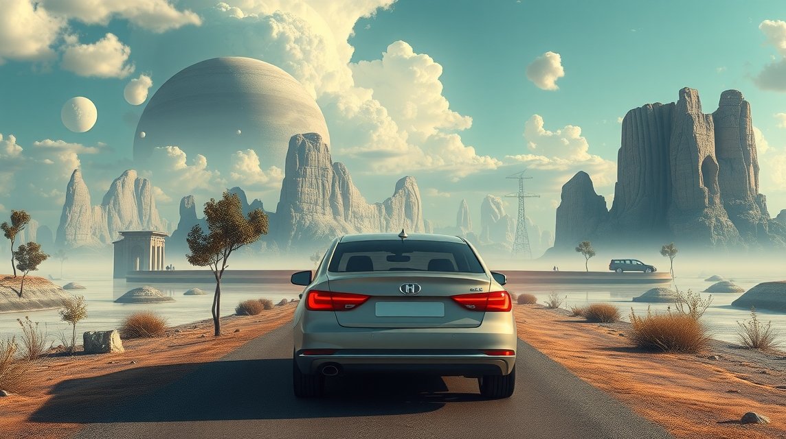 Ein Auto fährt auf einer Straße durch eine surrealistische Landschaft mit Bergen und Planeten im Hintergrund.