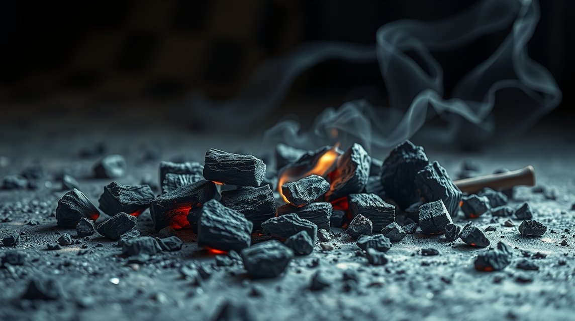 Eine Ansammlung von glühenden Kohlen mit aufsteigendem Rauch auf einem dunklen Untergrund.