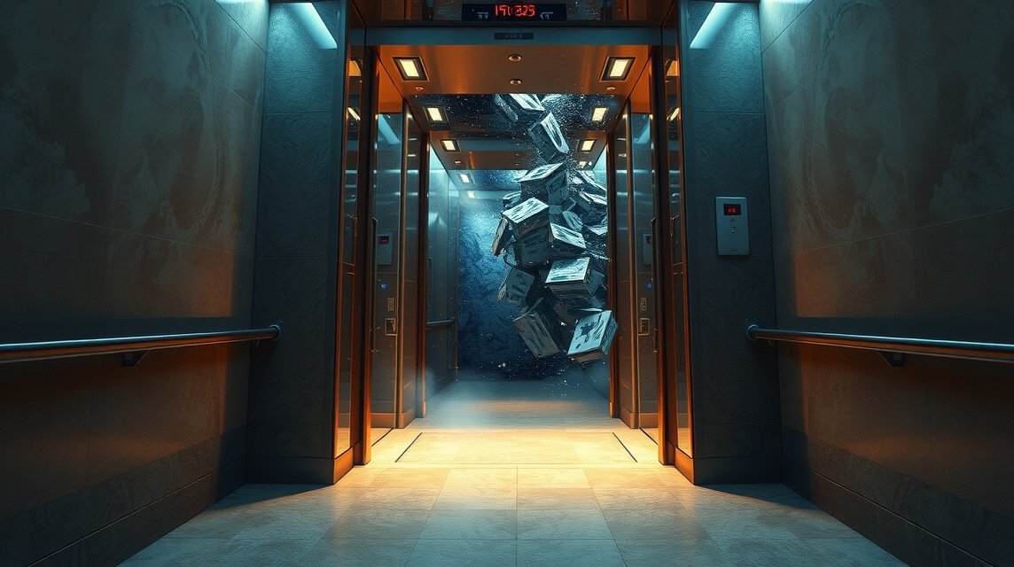 Ein Aufzug mit offenen Türen, in dem Kisten in die Luft fliegen.