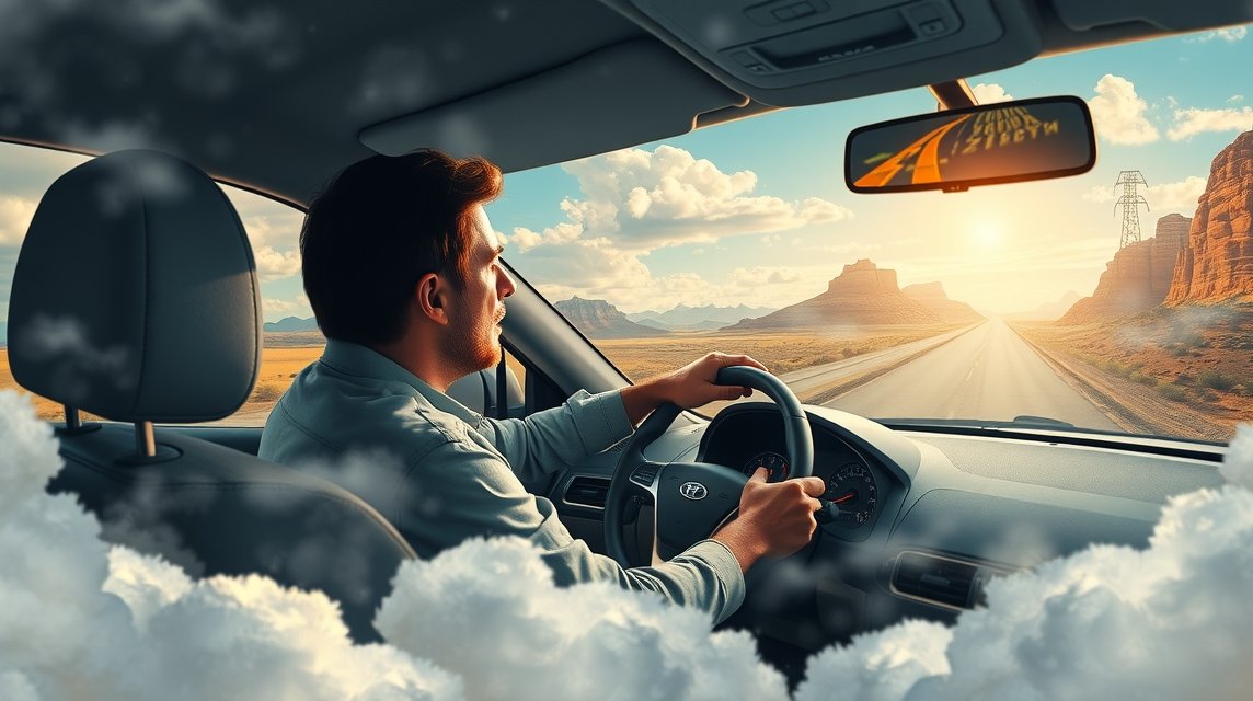 Ein Mann fährt in einem Auto auf einer offenen Straße mit Sonnenuntergang im Hintergrund.