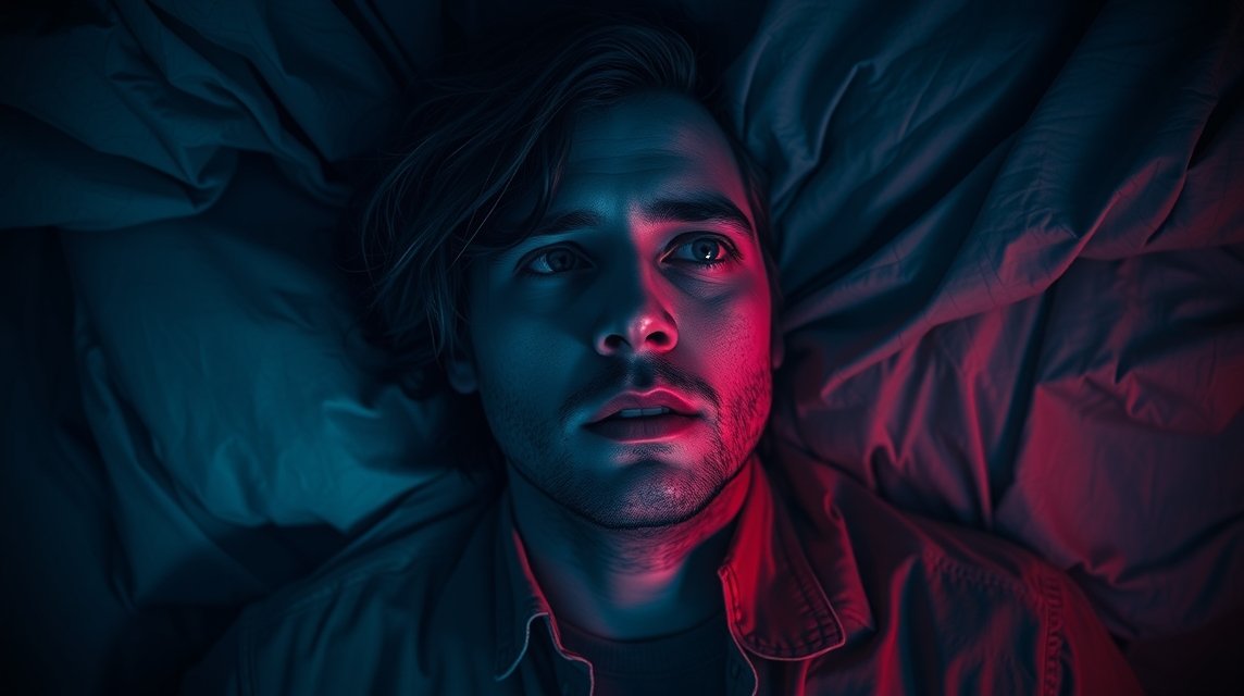 Ein nachdenklicher junger Mann liegt im Bett und schaut zur Decke.