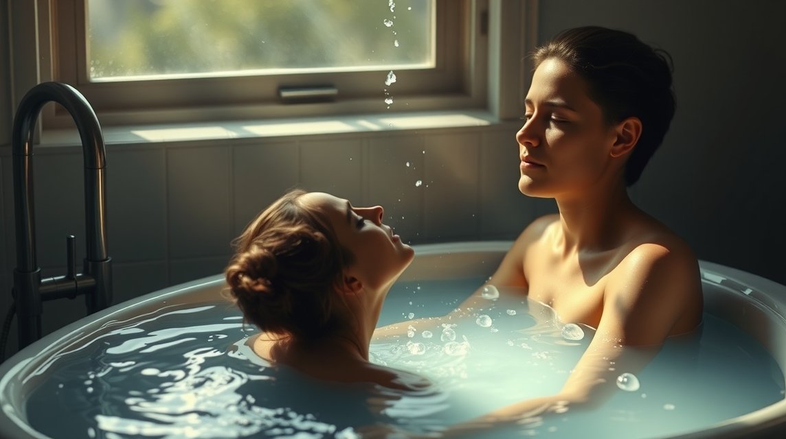 Zwei Frauen entspannen in einer Badewanne, umgeben von sanftem Licht.
