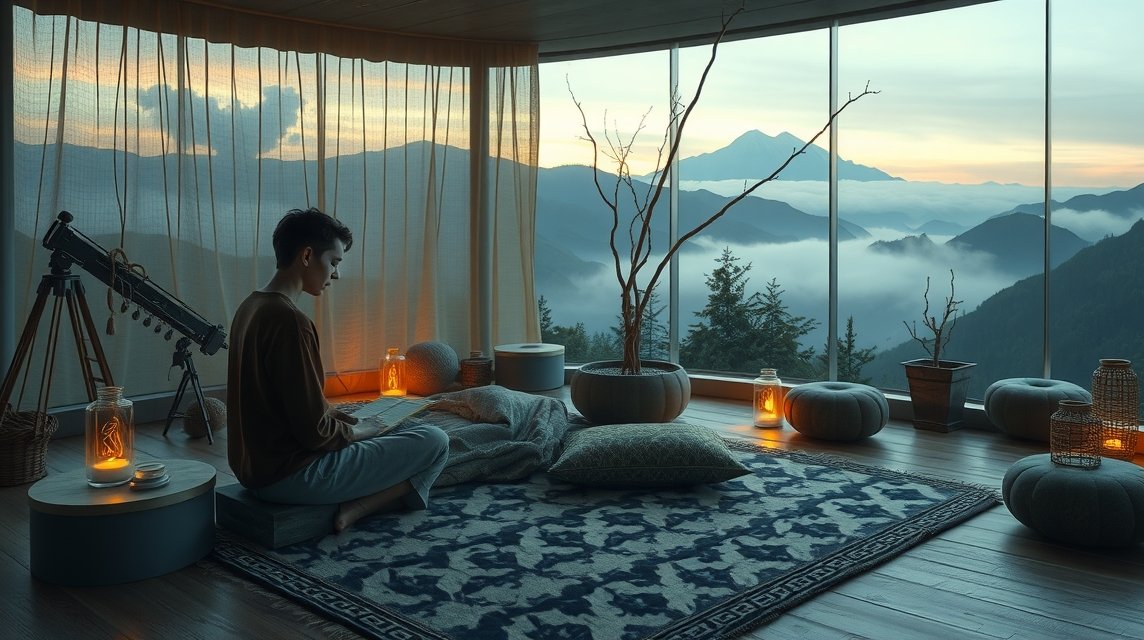 Ein junger Mann sitzt in einem gemütlichen Raum und liest, umgeben von Natur.