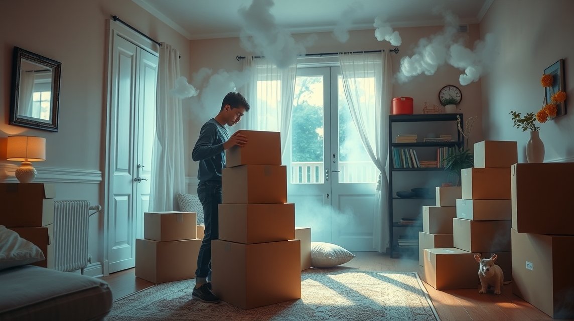 Ein junger Mann steht in einem Raum voller Umzugskartons und schaut nachdenklich auf einen Stapel.