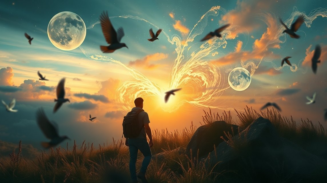 Ein Mann steht vor einem atemberaubenden Sonnenuntergang mit Vögeln und zwei Monden.