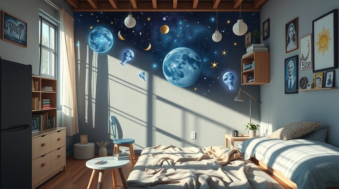 Ein gemütliches Schlafzimmer mit einem Wandgemälde von Planeten und Sternen.