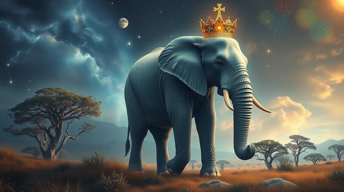 Ein majestätischer Elefant mit einer Krone steht unter einem sternenklaren Himmel.