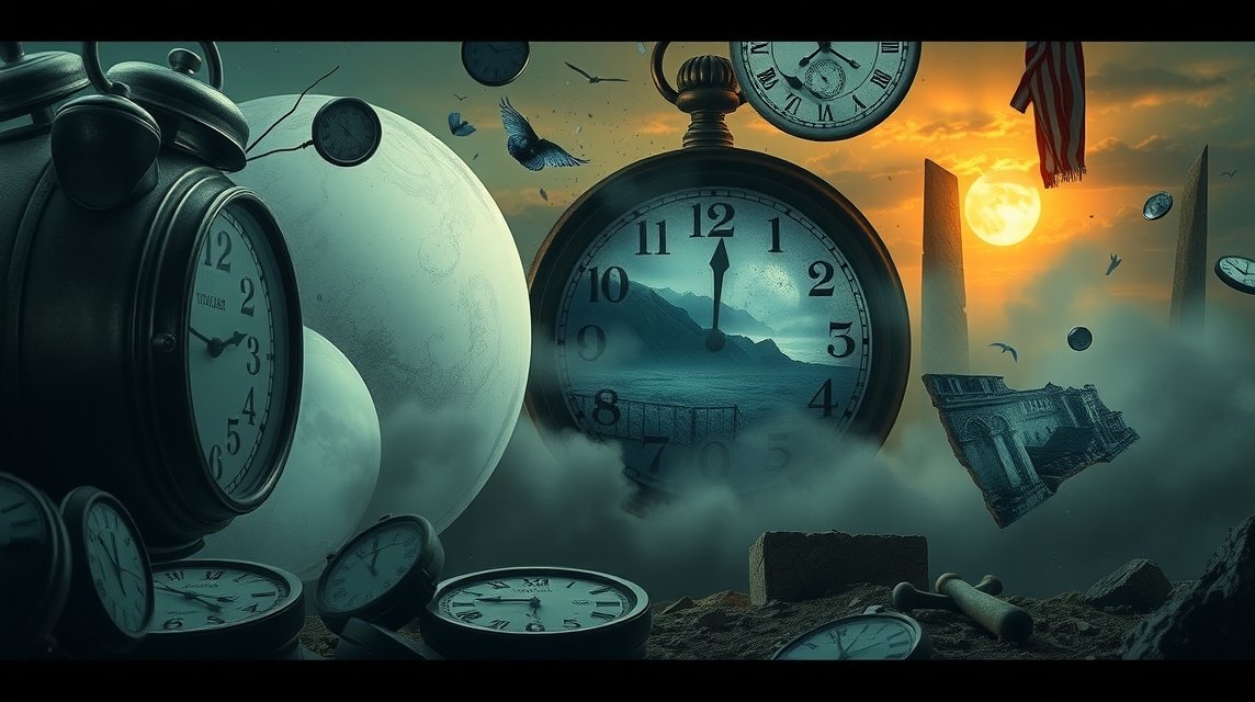 Eine surreale Landschaft mit verschiedenen Uhren und einem Sonnenuntergang im Hintergrund.