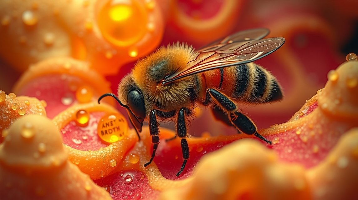 Eine Biene sitzt auf einer blühenden Blume, umgeben von Wassertropfen.