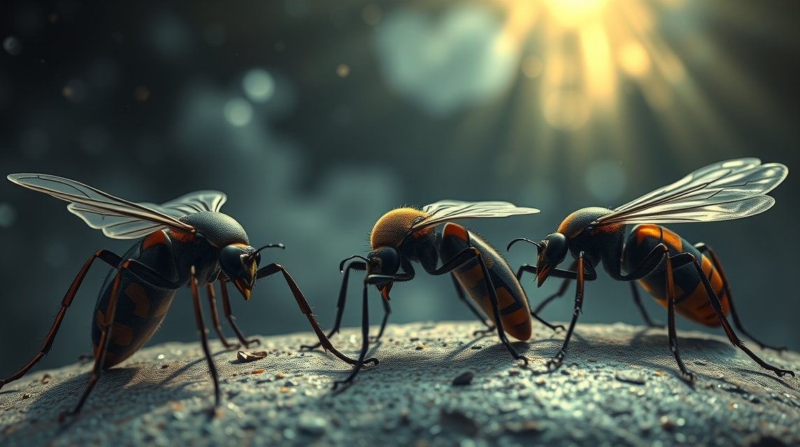 Drei Bienen auf einer Oberfläche, beleuchtet von sanftem Licht.