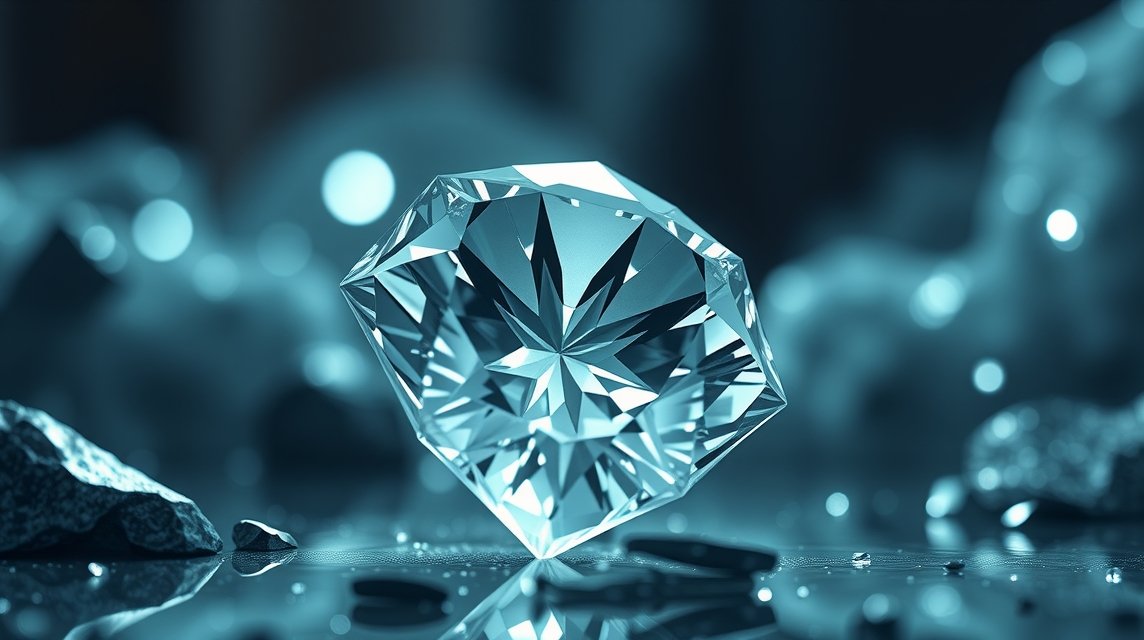 Ein funkelnder Diamant liegt auf einer reflektierenden Oberfläche.