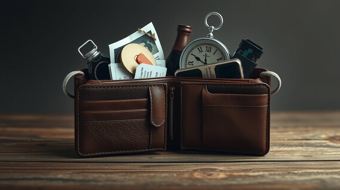 Eine braune Geldbörse, gefüllt mit Fotos, einer Uhr und anderen persönlichen Gegenständen.