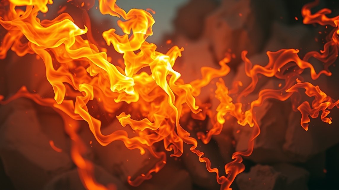 Flammen tanzen lebhaft über einen dunklen Hintergrund, symbolisieren Transformation.