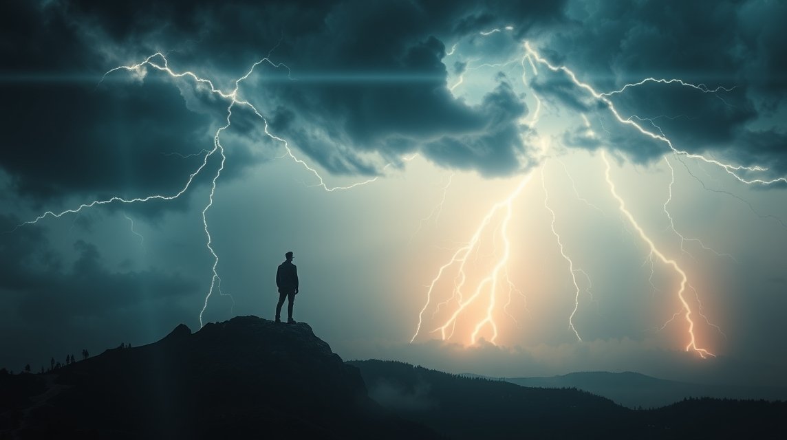 Ein Mensch steht auf einem Hügel und beobachtet einen Gewitterhimmel mit Blitzen.